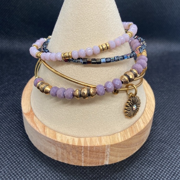 💜ALEX AND ANI💜Daisy & 3 Beaded Charm Bangle Bracelets in Rafaelian Gold/Like New - Picture 2 of 5